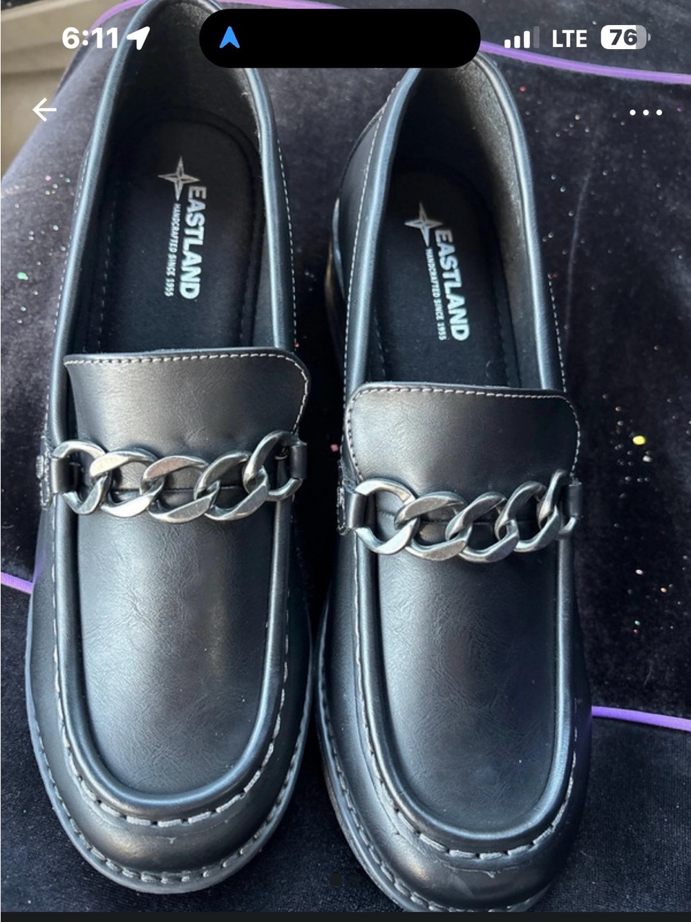 Woman’s Eastland Black Leather Slip-On Loafers with Silver Chain